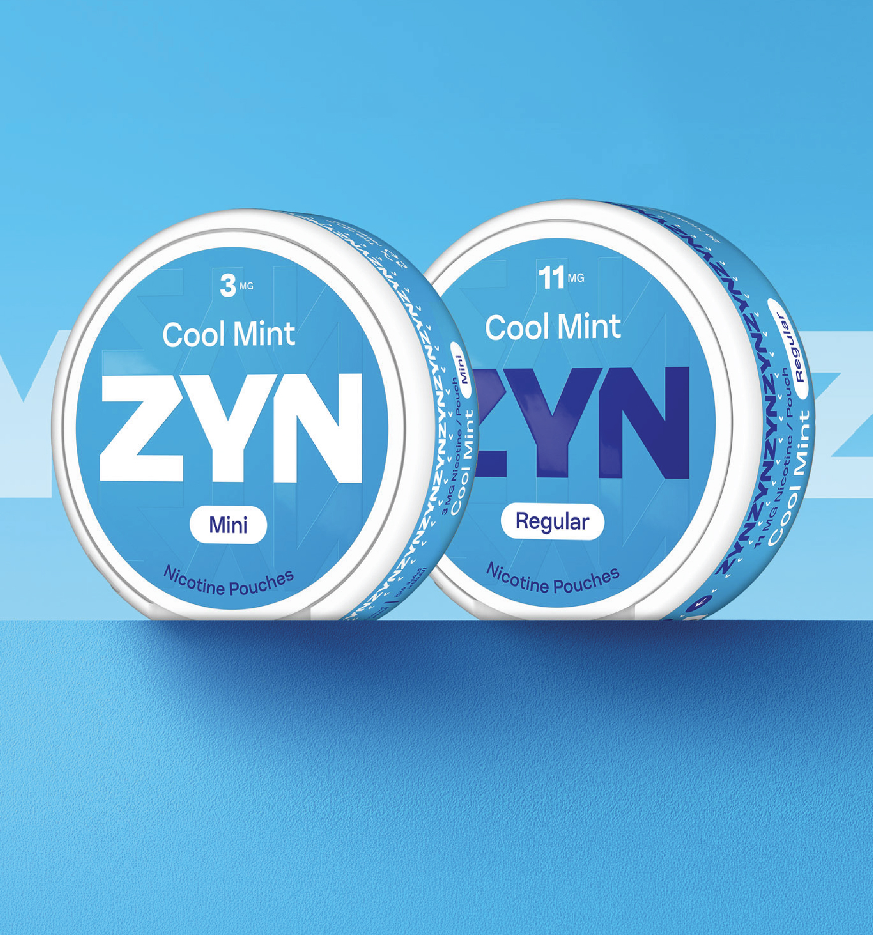Blue ZYN banner image showing a can of ZYN Regular nicotine pouches and a can of ZYN Mini nicotine pouches in Cool Mint flavor positioned next to each other